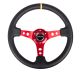 NRG Innovations Reinforced Steering Wheel (350mm / 3in. Deep) Black Leather w/Red Spokes & Sgl Yellow Center Mark