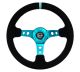 NRG Innovations Reinforced Steering Wheel (350mm/ 3in. Deep) Black Suede/ Teal Centre Mark/ Teal Stitching