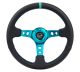 NRG Innovations Reinforce Steering Wheel (350mm / 3in. Deep) Black Leather, Teal Centre Mark w/ Teal Stitching