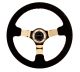 NRG Innovations Reinforced Steering Wheel (350mm / 3in. Deep) Black Suede w/Red BBall Stitch & Chrome Gold 3-Spoke